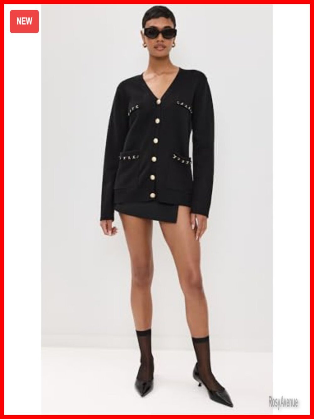 Oversized V-Neck Button Cardigan Ribbed Knit Patch Pockets - Picture 2 of 5